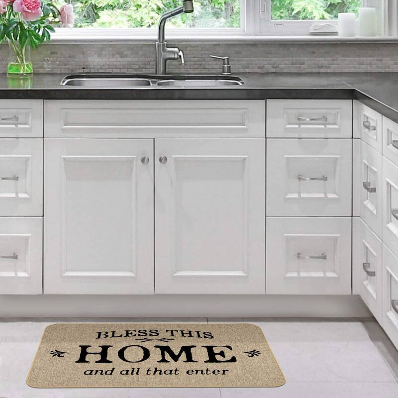 Natural Linen Look Decorative Low Profile Indoor/Outdoor Floor Mat with Recycled Rubber Back, Bless This Home, 29.5" x 17.75".