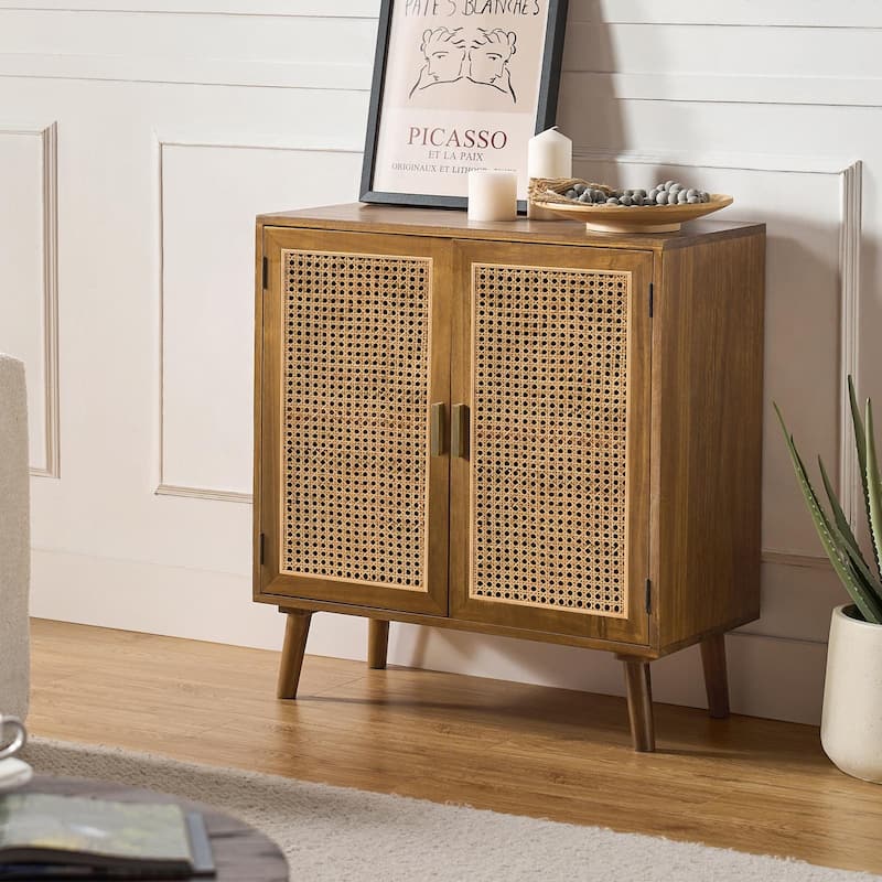 Woodland Multifunctional Rattan-Accented 2-Door Storage Stackable Buffet Cabinet with Solid and Wood Frame by HULALA HOME