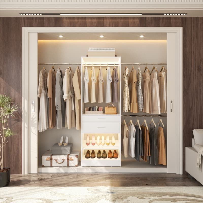 Walk-In Closet Set of 2: 50"-156" Adjustable Organizer System with 6 Hanging Rods, 5 Drawers, 1 Shelves, Shoe Rack