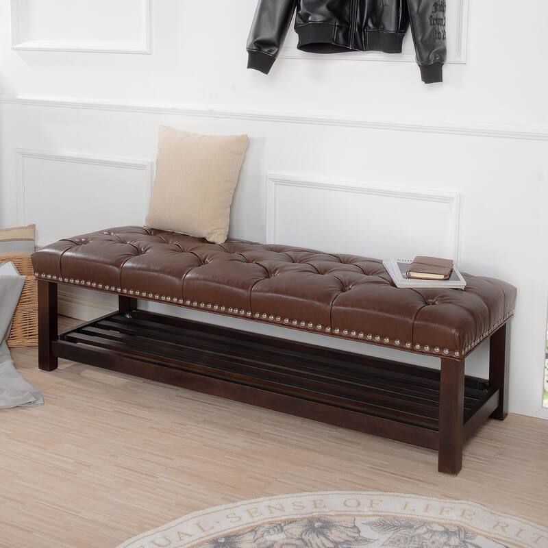 Comfortable Ottoman Bench Upholstered Seat with Solid Wood Frame, Entryway Footrest Seat with One Shelf at Bottom