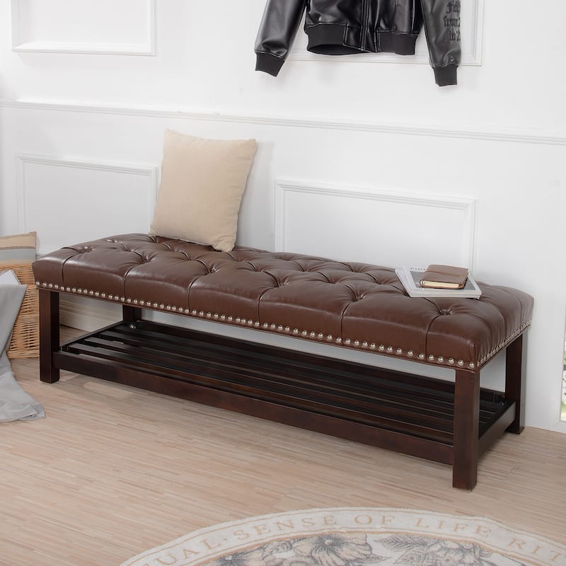 Wooden Base Upholstered Bench for Bedroom for Entryway - Brown