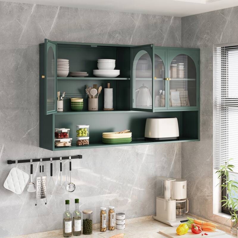 47.25" Four-door Glass Wall Cabinet Storage, Wall-mounted,Suitable for Kitchen, Living Room, Bathroom(Dark green)