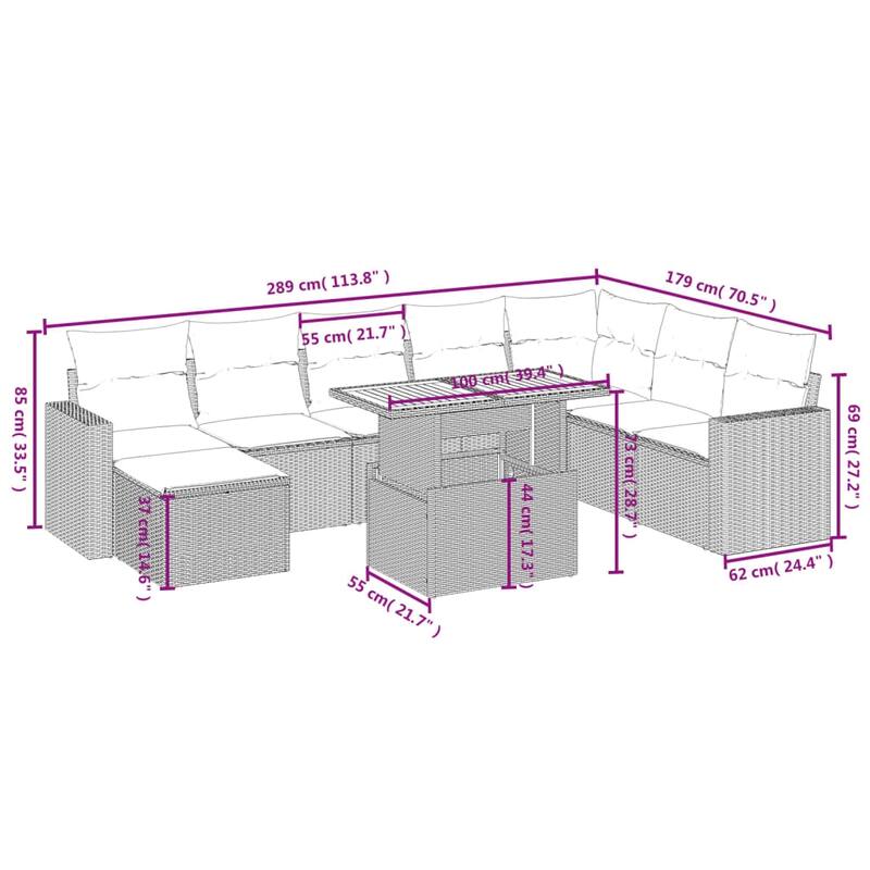 vidaXL Patio Sofa Set with Cushions Outdoor Furniture 9 Piece Poly Rattan