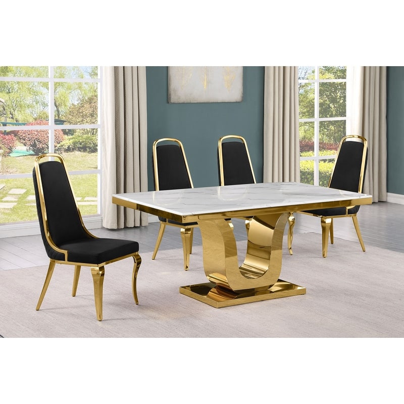 Best Quality Furniture D320-SC314-7 Dining Set with 66" White Marble Top - 5-Piece - Black / Gold