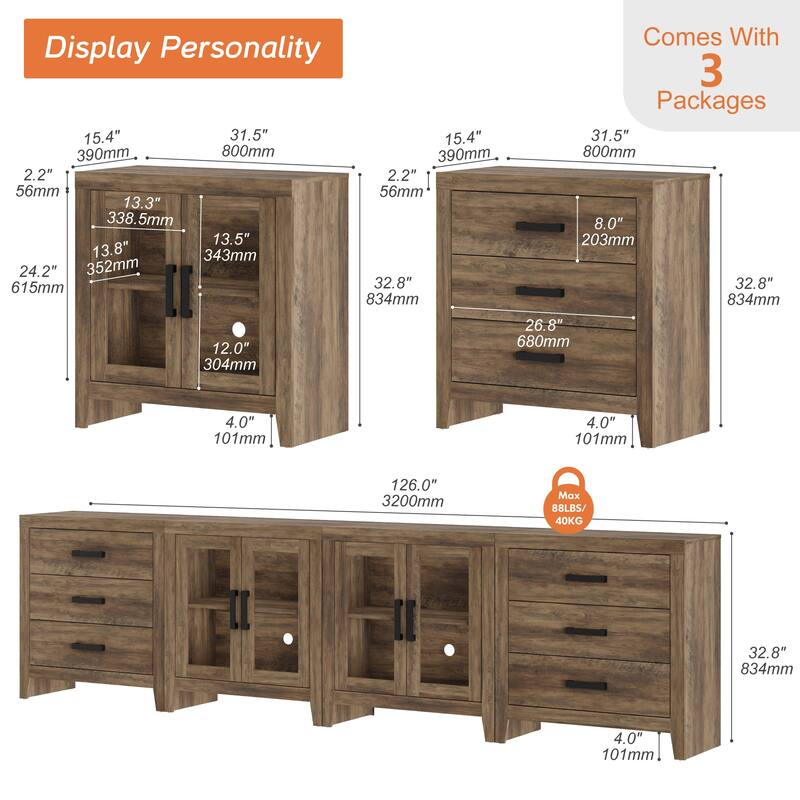 WAMPAT Farmhouse Buffet Cabinet with Glass Doors and Drawers, 4-Piece Modular Sideboard