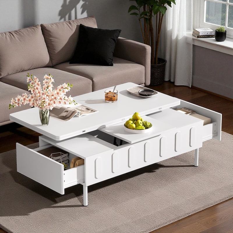 Lift-Top Coffee Table with Hidden Storage and Drawers, Foldable Adjustable Center Table for Living Room, Modern MDF Design
