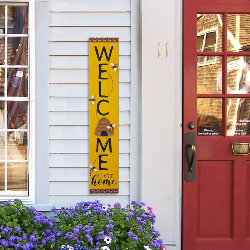 Glitzhome 42"H Solid Wood WELCOME Porch Sign with Bee or Butterfly Outdoor Decor - Yellow