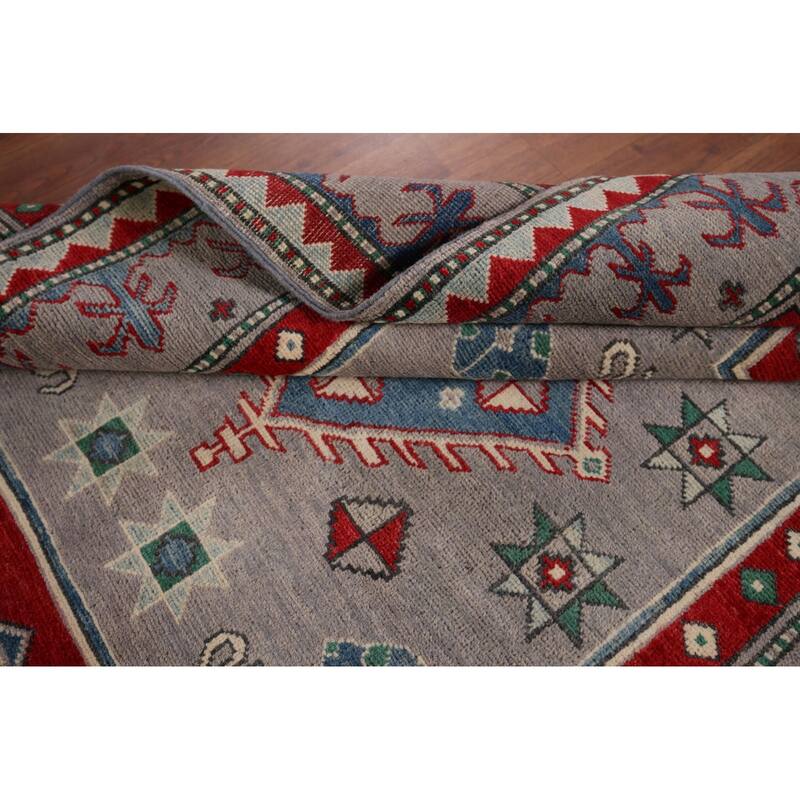 Hand Knotted Oriental 100% Wool Carpet Traditional Geometric Greys & Charcoal Kazak Area Rug - 6' 0'' X 4' 2''