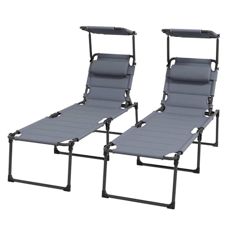 Set of 2 Outdoor Sun Loungers with Padded Oxford Fabric and Adjustable Roof Shade - 27.5" W x 78.75" D x 17.75" H - Grey-Black