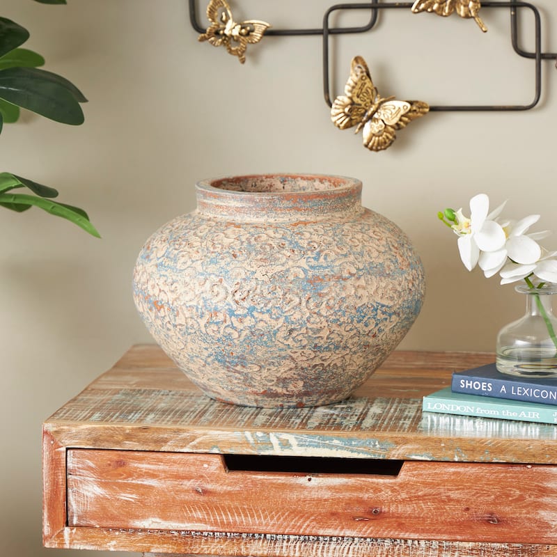 Beige Ceramic Handmade Antique Style Wide Rounded Scroll Decorative Vase with Blue and Copper Accents - Beige