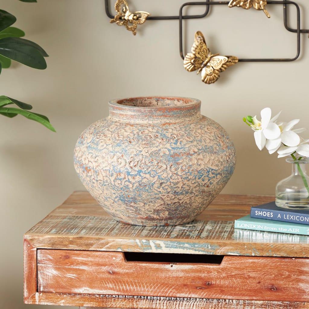 Beige Ceramic Handmade Antique Style Wide Rounded Scroll Decorative Vase with Blue and Copper Accents