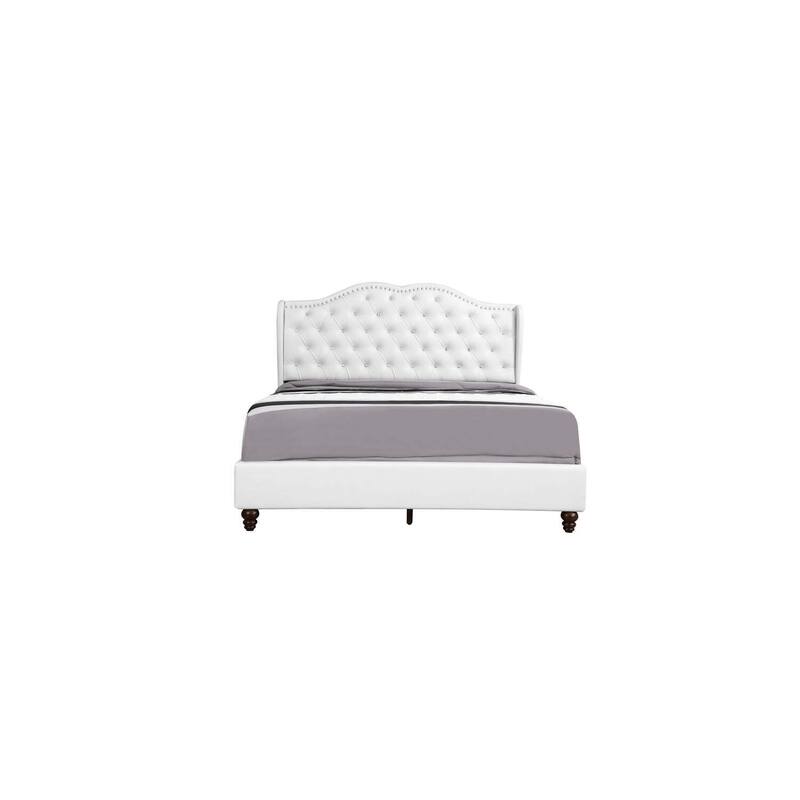 Full Upholstered Bed Frame - Vintage Style Bed with Deep Tufted Headboard - White Bed
