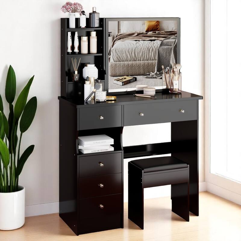 37" Makeup Vanity Table with Left Drawers, Sliding Mirror & High-Capacity Storage, Includes Stool