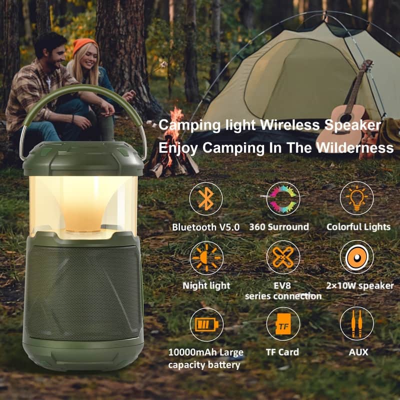 Outdoor Lantern Bluetooth Speaker IPX6 Waterproof Wireless Speaker with LED Light for Camping, Hiking Patio Yard Parties