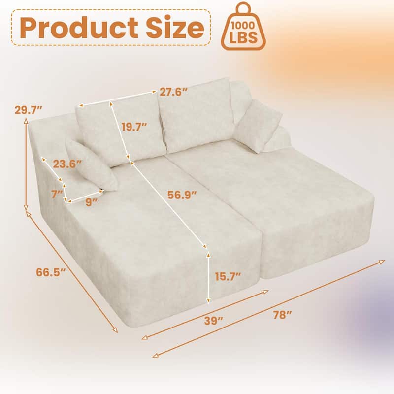 Velvet Dual Chaise Sofa Bed, Sleeper Sofa with Thicked Cushions and Throw Pillows, Deep Seat Lounge Loveseat Sofa