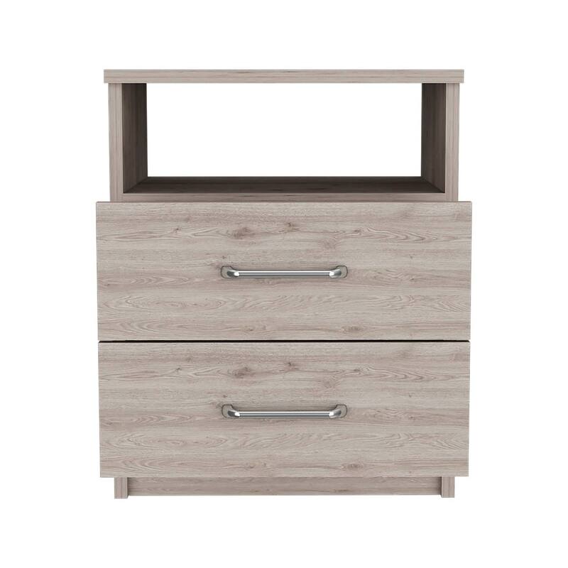 Light Gray Nightstand with Two Drawers and Open Shelf