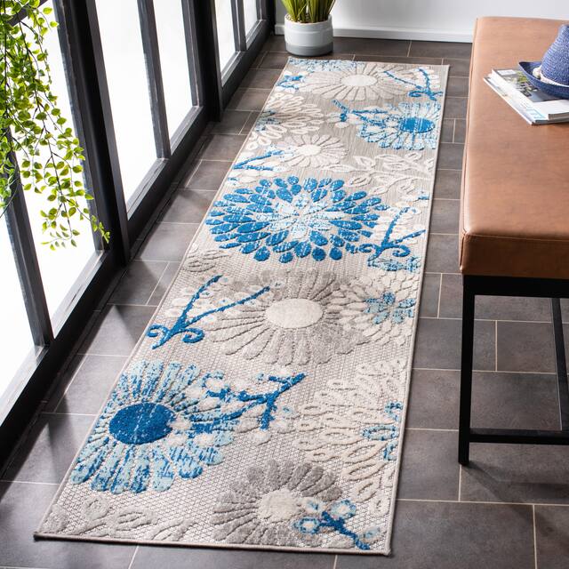 SAFAVIEH Cabana Lilah Indoor/ Outdoor Waterproof Patio Floral Rug - 2' x 10' Runner - Grey/Blue