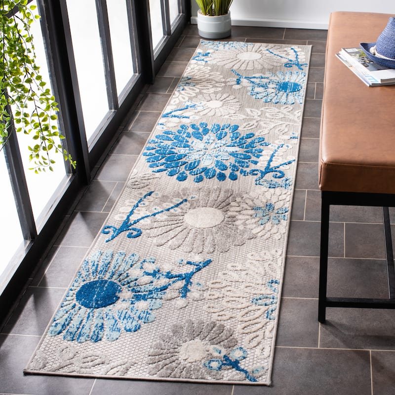 SAFAVIEH Cabana Lilah Indoor/ Outdoor Waterproof Patio Floral Rug - 2' x 10' Runner - Grey/Blue