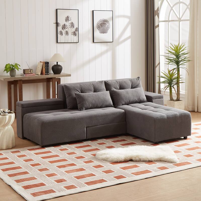 94'' Corduroy 3-in-1 Convertible Sleeper Sectional Sofa with 4 Storage Compartments and 4 Pillows
