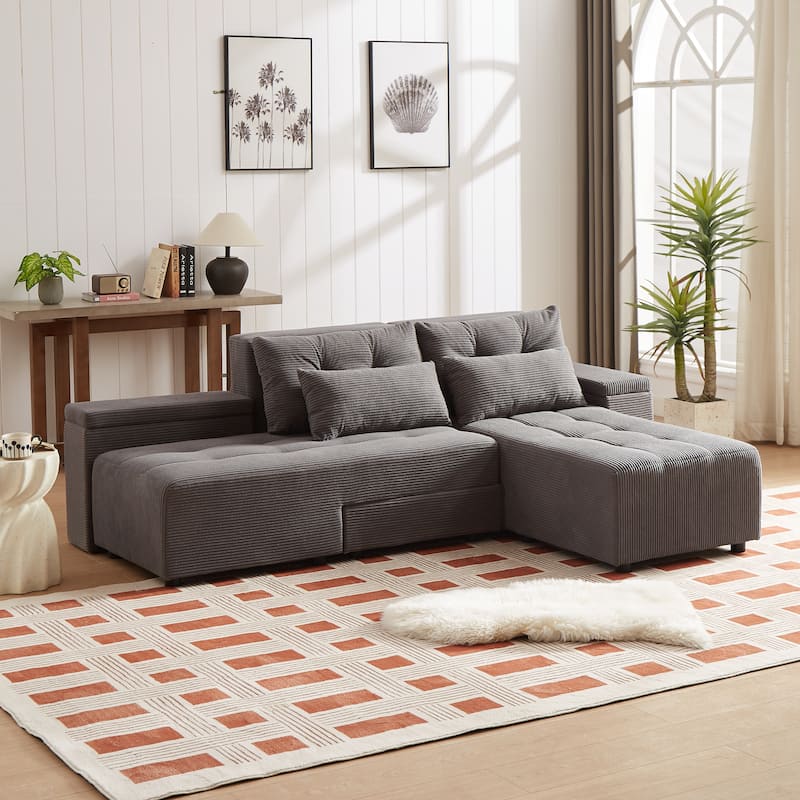 94'' Corduroy 3-in-1 Convertible Sofa with Storage