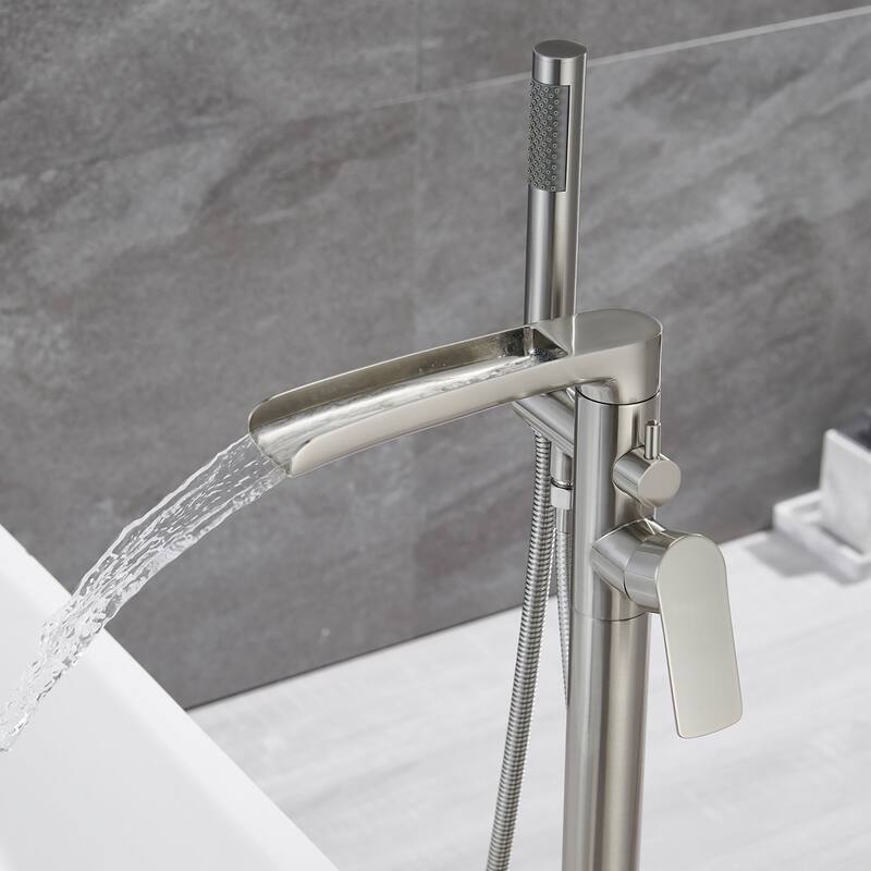 Brushed Nickel Double Handle Floor Mounted Freestanding Tub Filler with Handshower