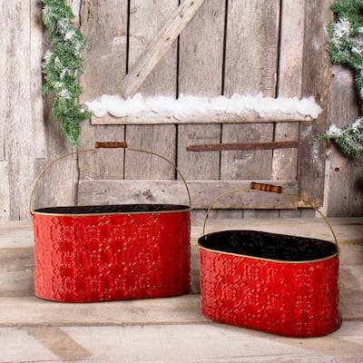 12-14" Metal Oval Container W/Handle Set of 2