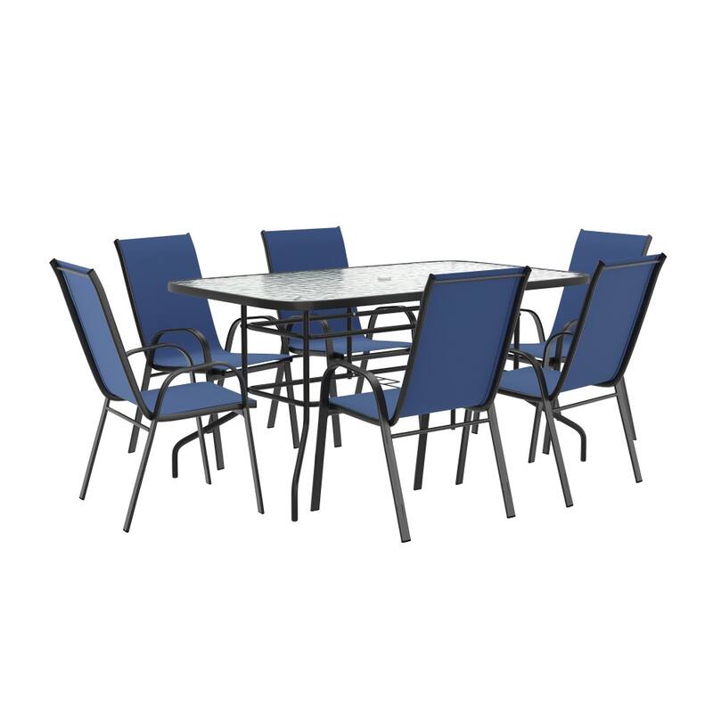 7-Piece Rippled Glass Outdoor Patio Table and Stacking Chairs Set