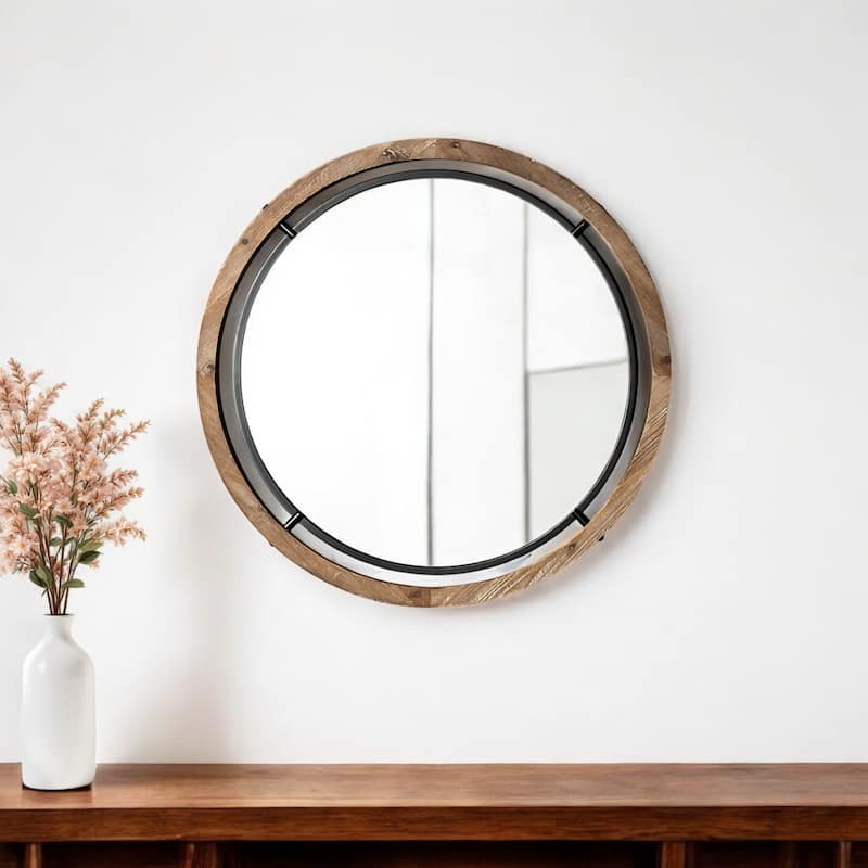 HomeRoots 24" Brown And Black Round Metal And Wood Framed Accent Mirror - 24.25' X '24.25' X '1.25