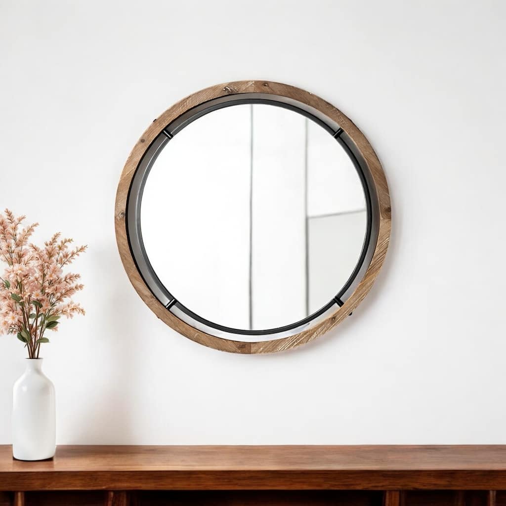 HomeRoots 24" Brown And Black Round Metal And Wood Framed Accent Mirror - 24.25' X '24.25' X '1.25