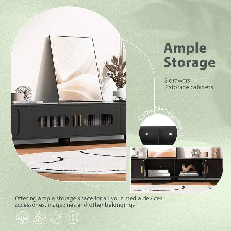 Roomfitters Modern TV Stand for up to 80 Inch TV, Storage Cabinet with Glass Door, Wood Legs and Metal Handles, Black