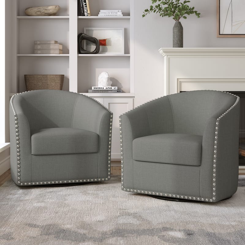 Nailhead Trim Upholstered Swivel Accent Chairs Set of 2 - Light Grey