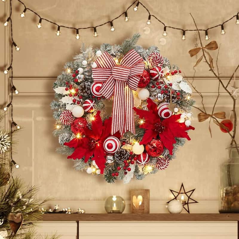 24 in Pre-Lit Christmas Wreath with Lights with Ball Ornaments Bows - N/A - Red
