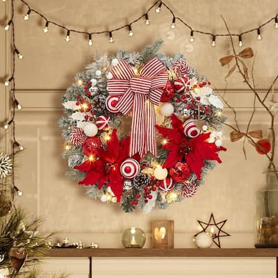 24 in Pre-Lit Christmas Wreath with Lights with Ball Ornaments Bows - N/A