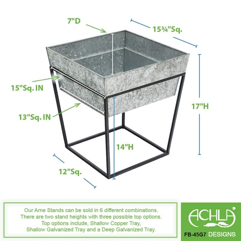 Achla Designs Small Indoor Outdoor Arne Plant Stand With Deep Galvanized Tray, 14 Inch Tall, Black Powder Coat Finish