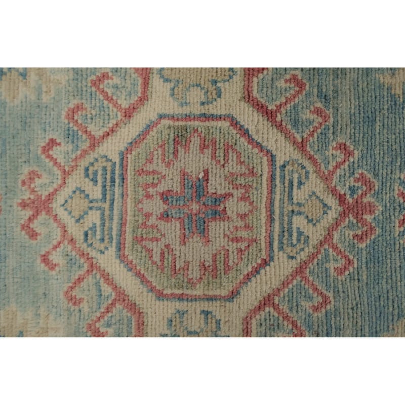 Hand Knotted Oriental 100% Wool Carpet Traditional Geometric Navy Blue & Blues Kazak Runner Rug - 13' 4'' X 2' 10''