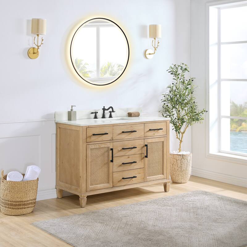 Altair Solana Bath Vanity with Calacatta White Quartz Stone Countertop with Mirror - 48 inch - Weathered Fir