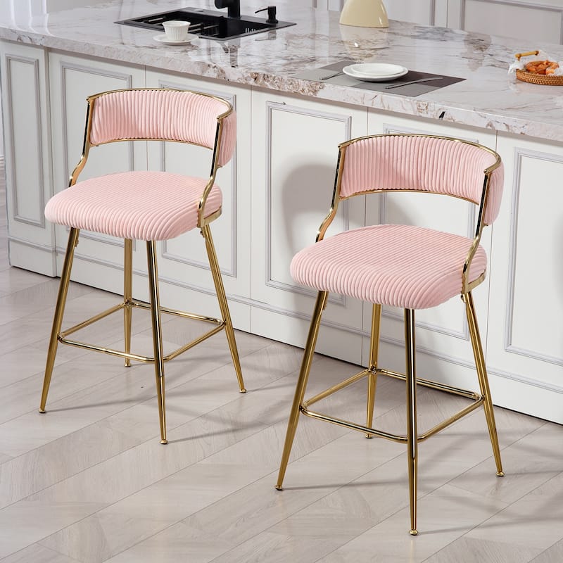 26'' Counter Height Bar Stools Corduroy kitchen Island Counter Bar Stool with Back, Golden Chromed Base and Footrest, Set of 2