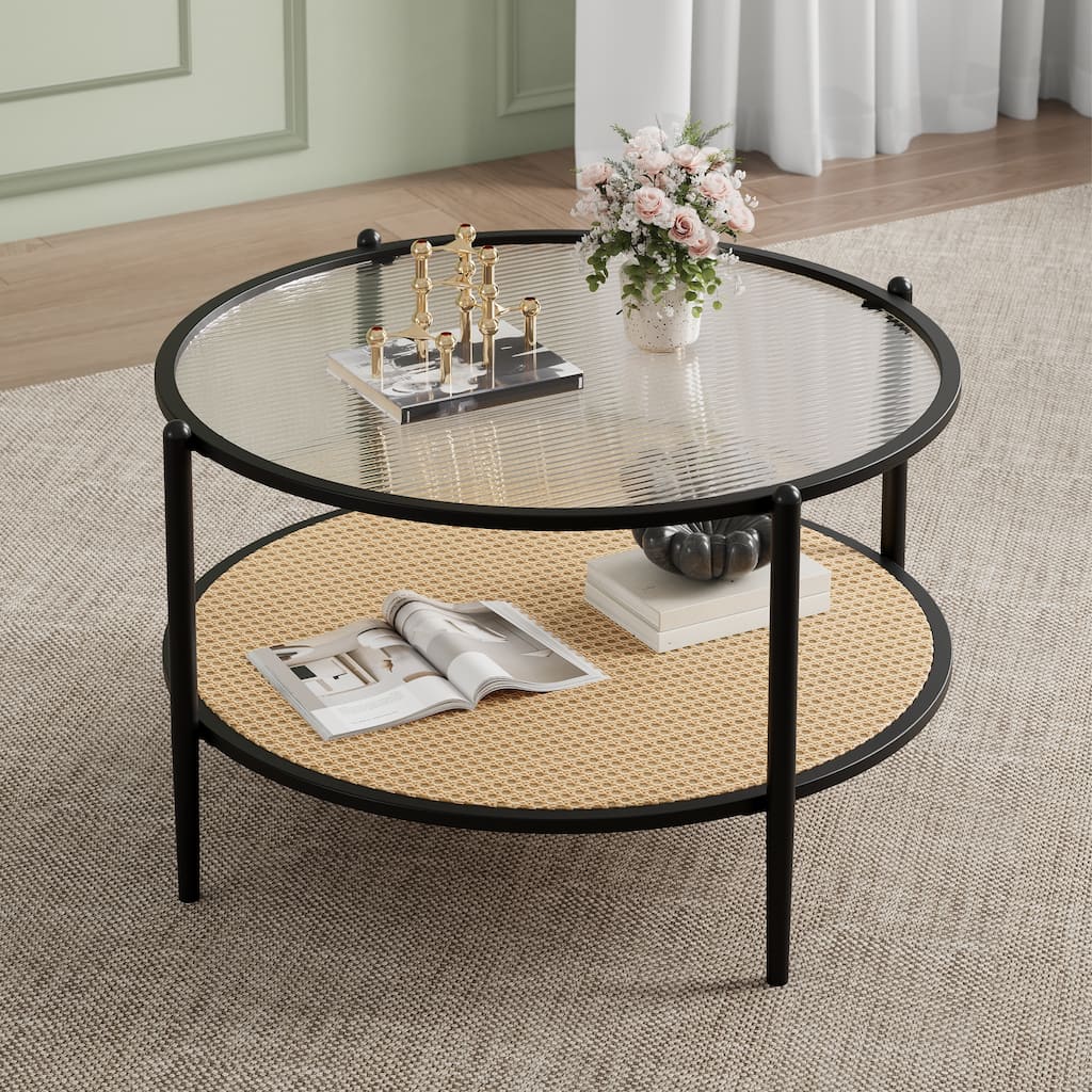 30" Rattan Coffee Table, 2-Tier Round End Table with Storage