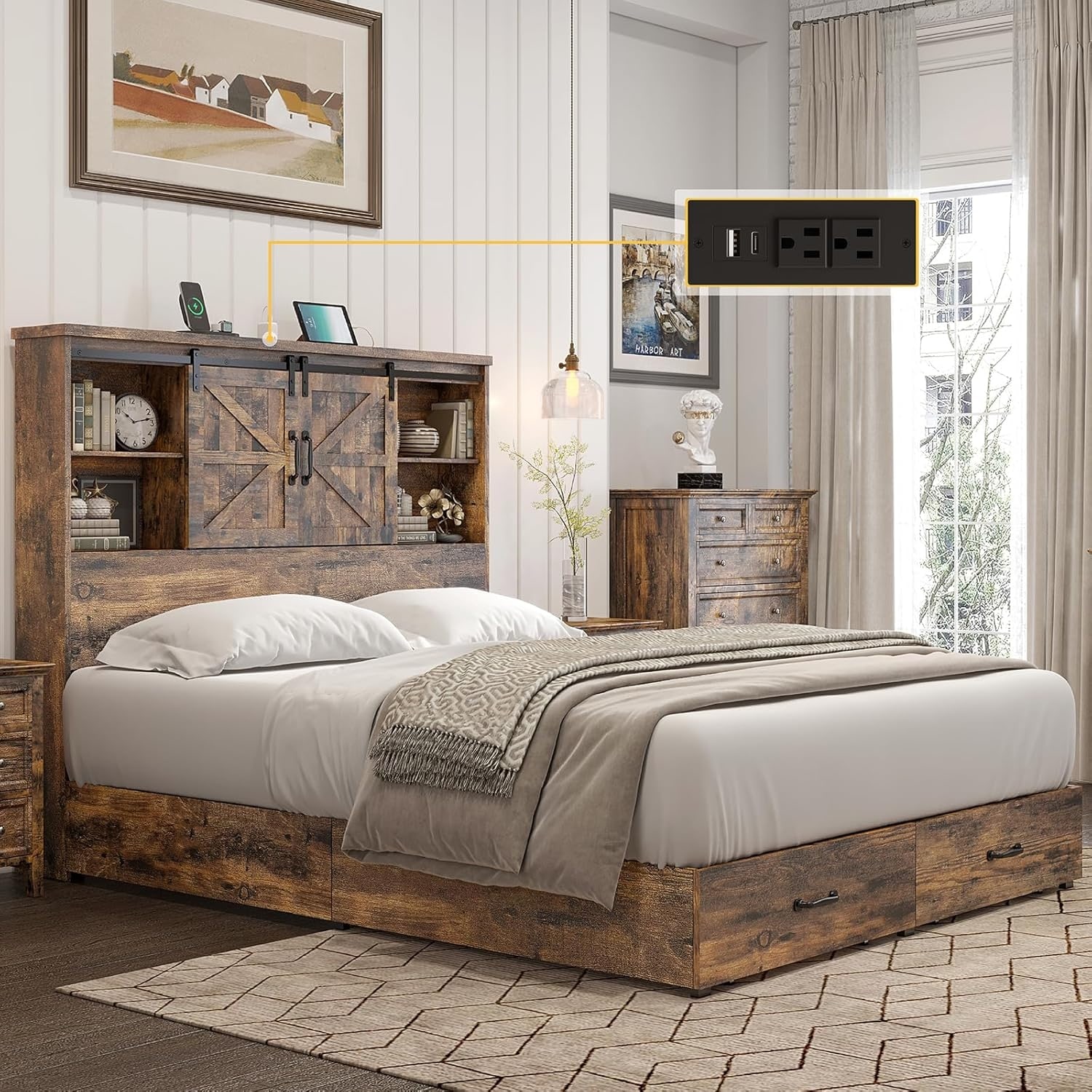 Full Size Wood Platform Bed Frame with Bookcase Headboard, Storage, Sliding Barn Door, Charging Station, 2 Drawers, Rustic Brown