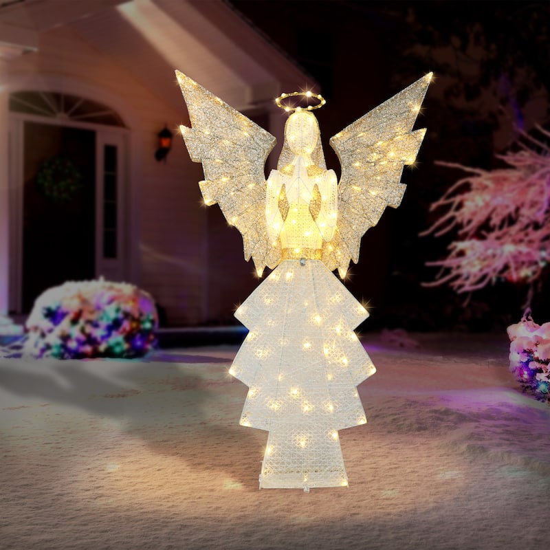 Puleo International 60 in Outdoor Lighted Angel with 140 Warm White LED Lights - Gold/White - Gold/White
