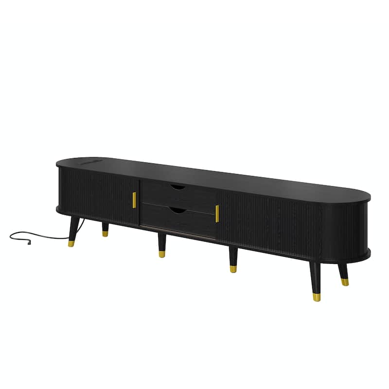 Wooden Oval TV Stand with Charging Station for TV up to 80", Mid-Century Media Console with Sliding Tambour Door for Living Room