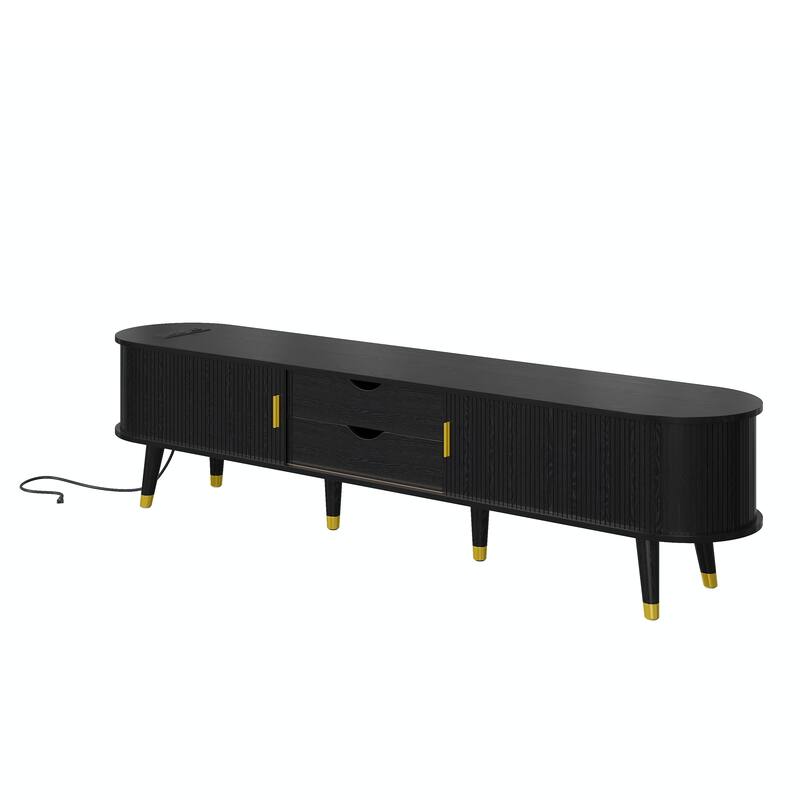 Wooden Tv Stand & Coffee Table Set With Charging Station,Sliding Doors For Tvs Up To 80",Table With Solid Wood Legs