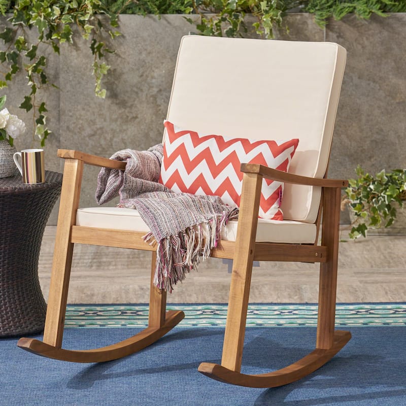 Candel Outdoor Acacia Wood Rocking Chair by Christopher Knight Home - teak finish + cream cushion