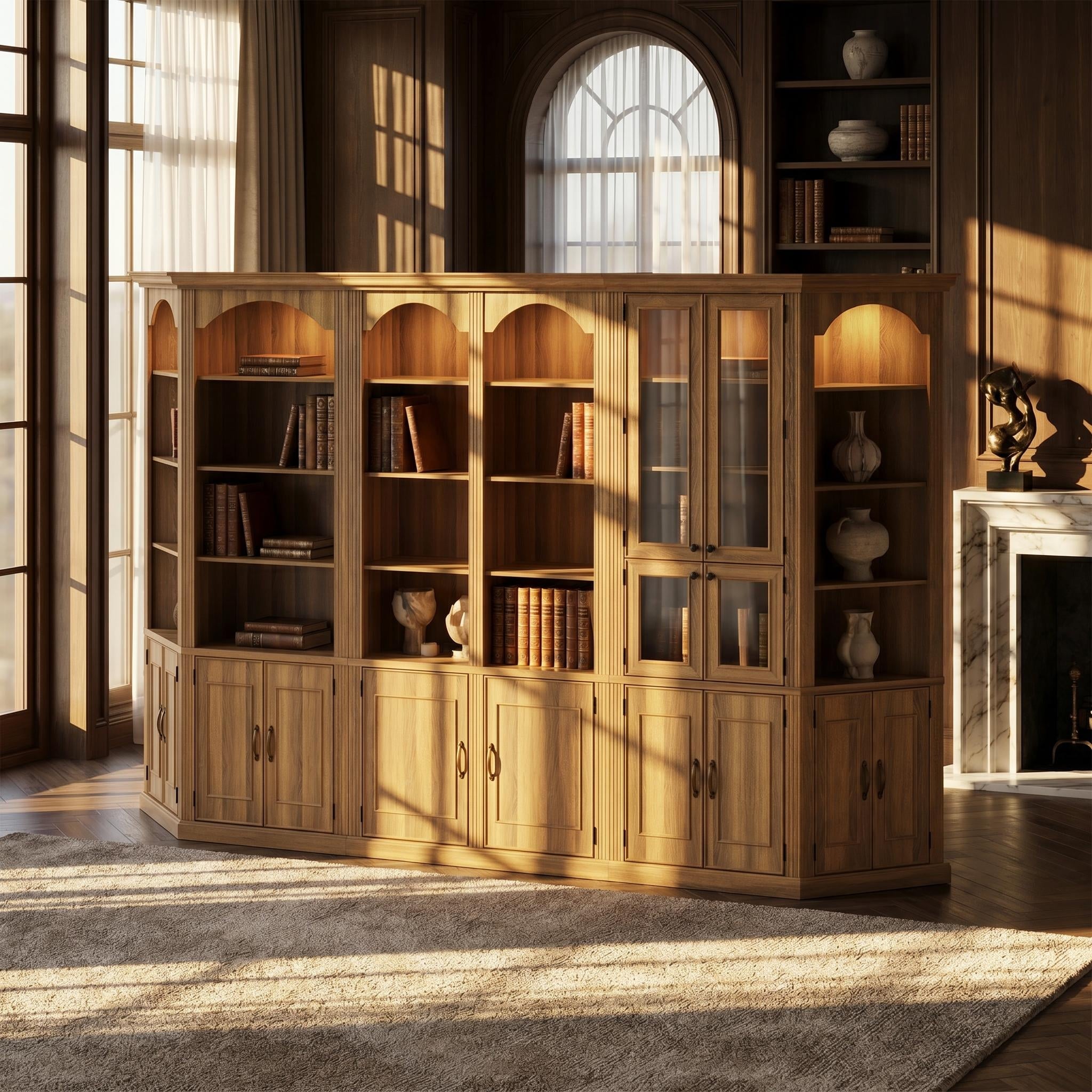 142" Modular Bookcase Wall Unit Large Library Storage Cabinet with Light, Acrylic Door Display Cabinet Bookshelf