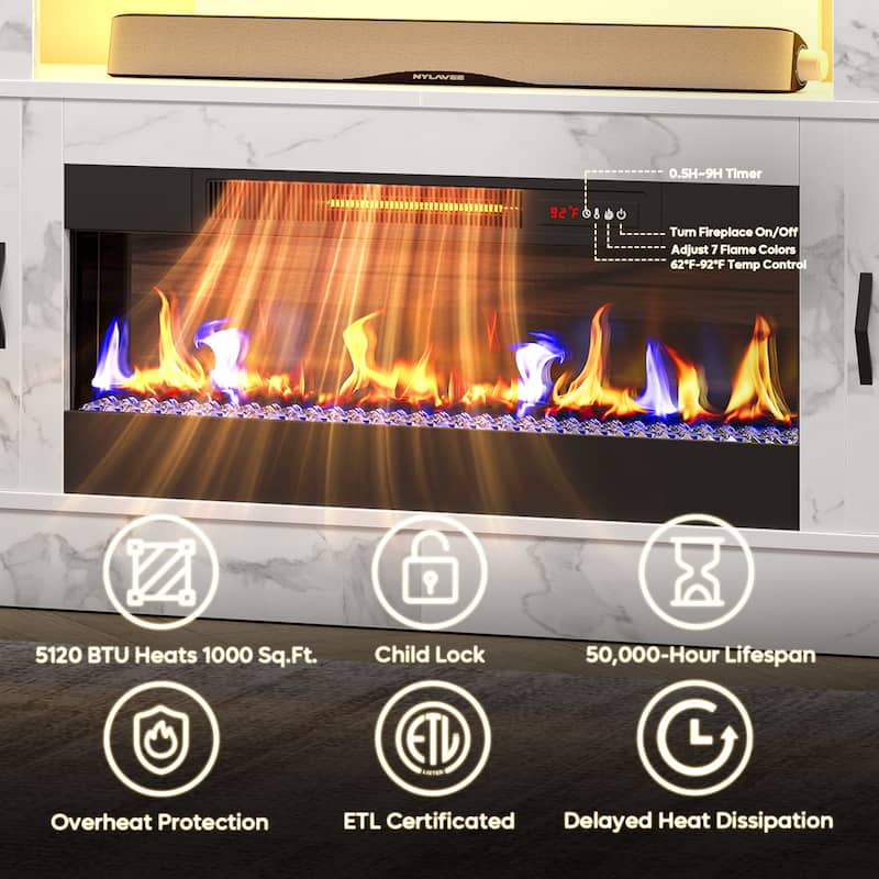 Bestier 63 in. White Marble Freestanding Electric Fireplace TV Stand Fits TV Up to 70 in. Entertainment Center with Cabinet