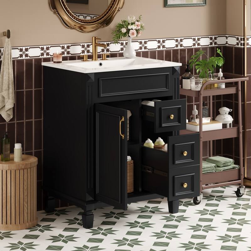 24" Bathroom Vanity With Ceramic Sink,Small Bathroom Sink Cabinet,Modern Cabinet With 2 Drawers And Adjustable Shelf