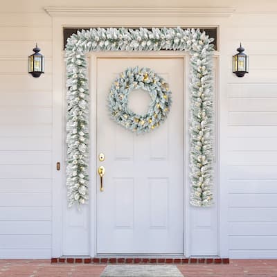 Glitzhome 2pk 6ft Pre-Lit Pinecones or Snow Flocked Christmas Garland, with Warm White LED Lights and Timer