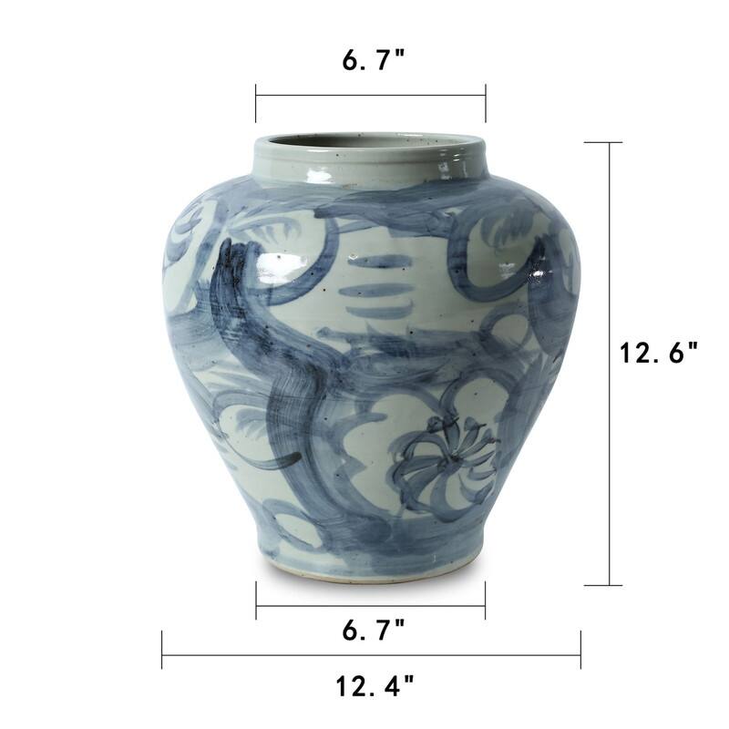 Approx. 13" High Blue and White Jar with Flower Motif