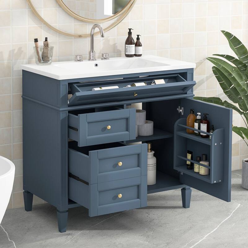 30''/36'' Bathroom Vanity with Top Sink, Modern Bathroom Storage Cabinet with 2 Drawers, a Tip-out Drawer & Adjustable Shelf