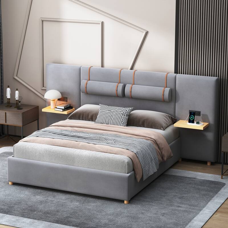 Queen Upholstered Platform Bed with Two Outlets and USB Charging Ports on Both Sides
